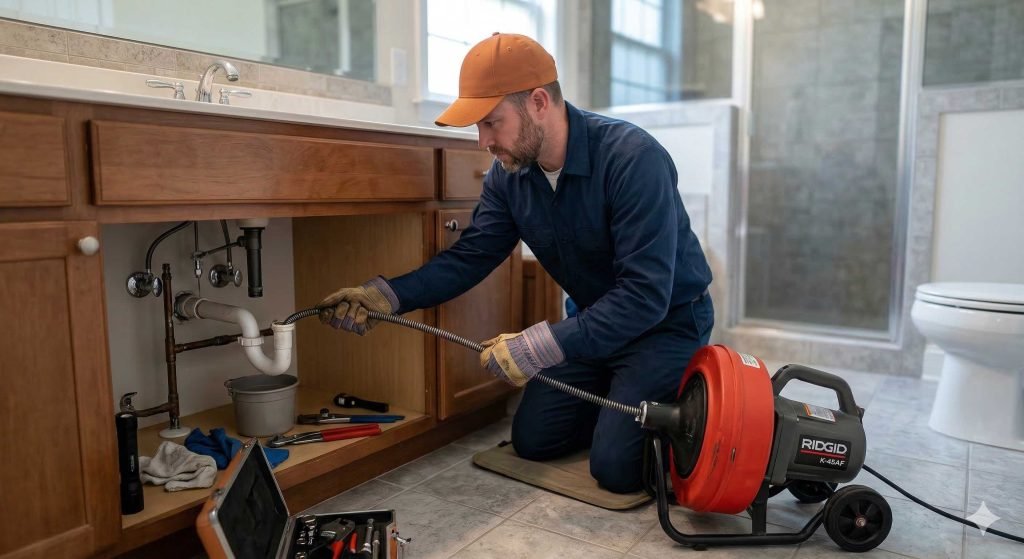 Clogged kitchen sink drain being cleared with plumbing snake tool in Snow Camp North Carolina home