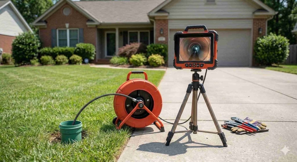 Sewer line inspection in Snow Camp NC using camera system in residential yard near driveway and home