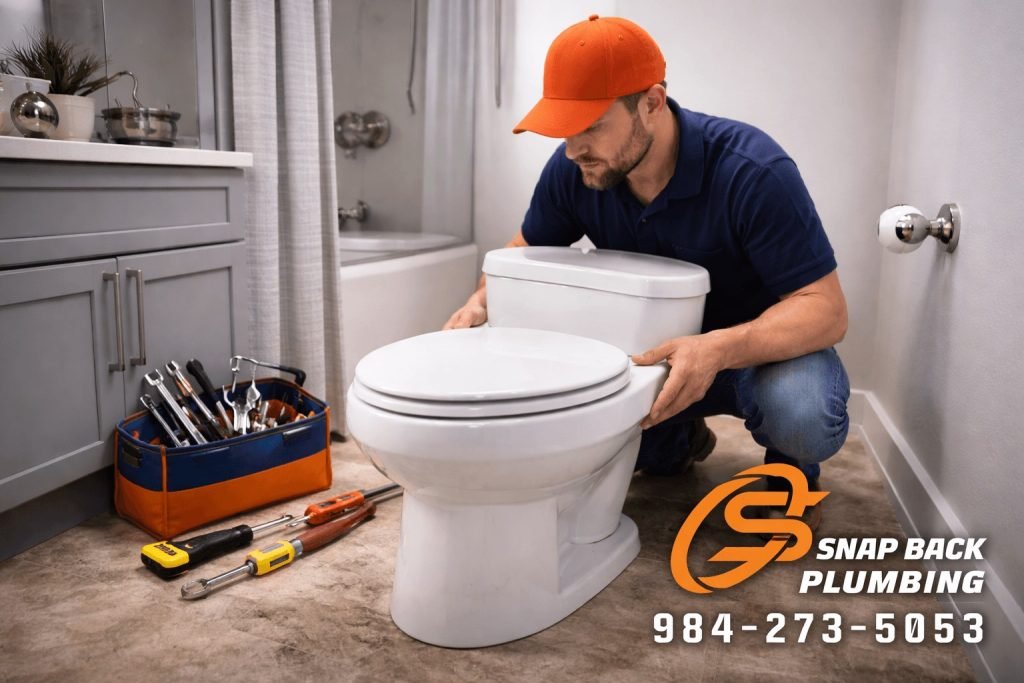 Professional plumber installing a new toilet in Snow Camp NC bathroom
